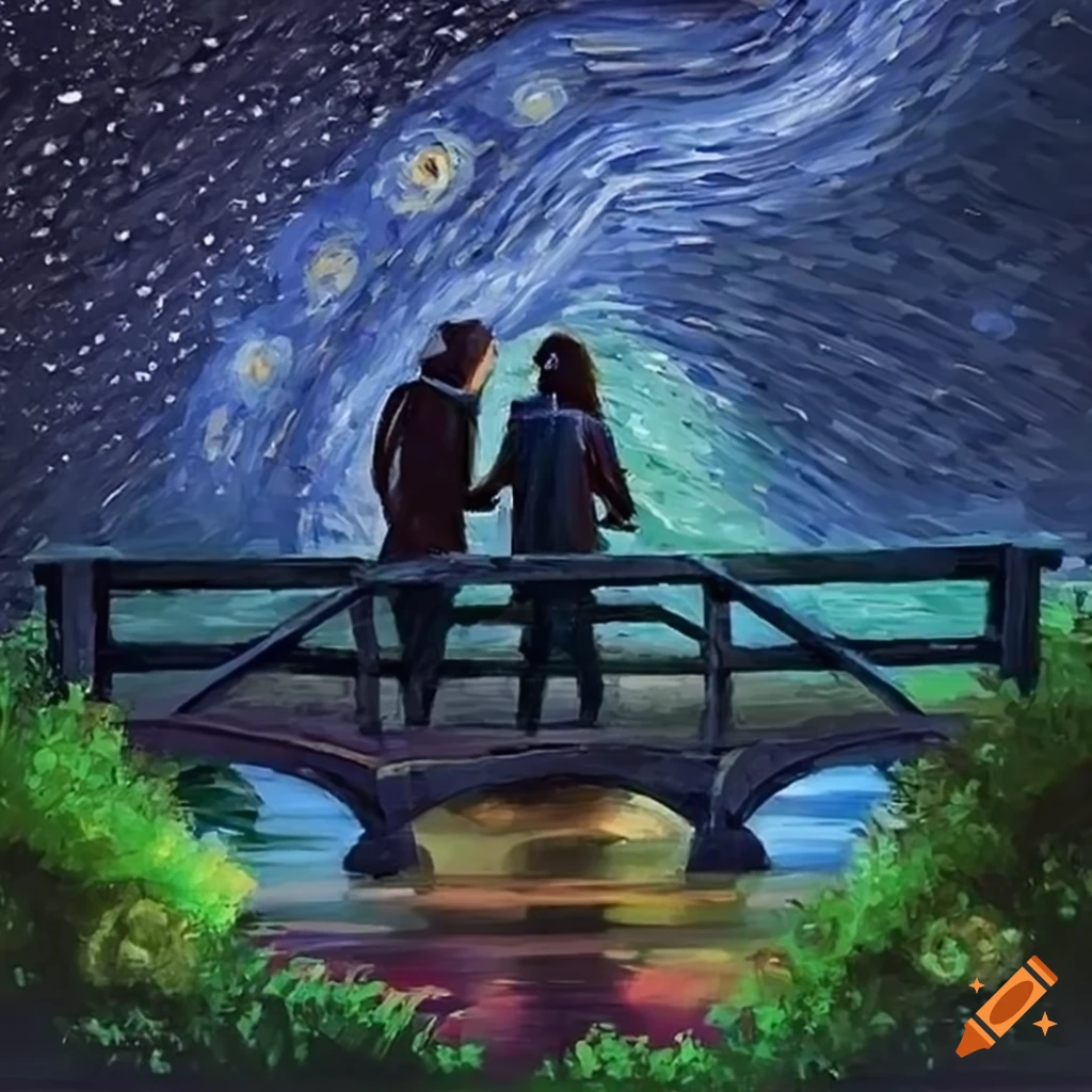 A kiss on a garden bridge under the starry night