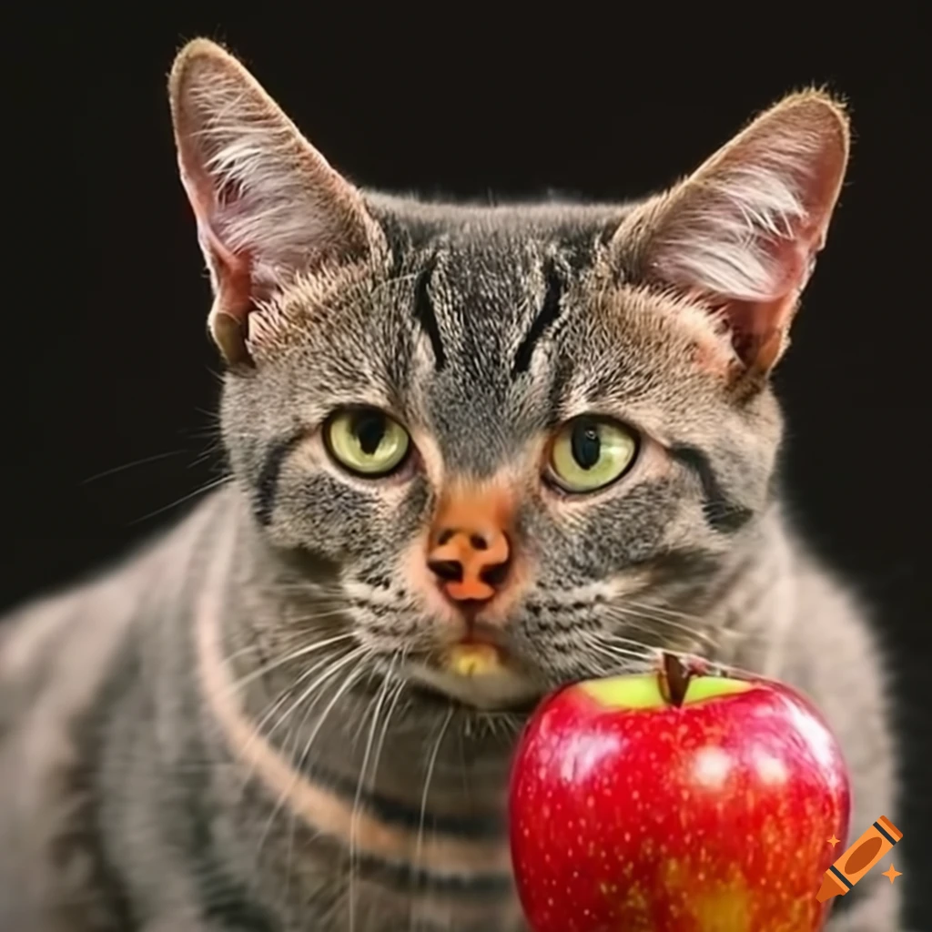 Cat with apple for a nose