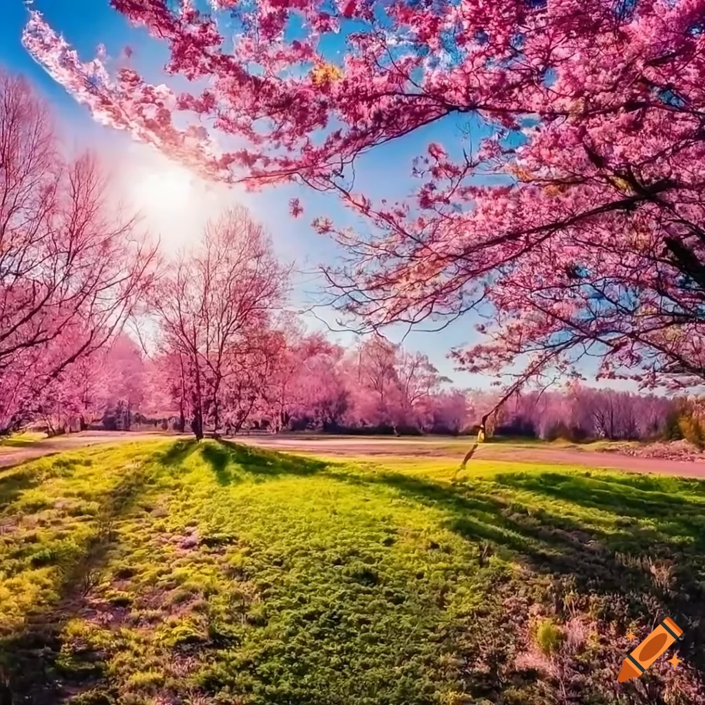 Landscape extremely in 4k, with spring pink trees and spring leaves ...