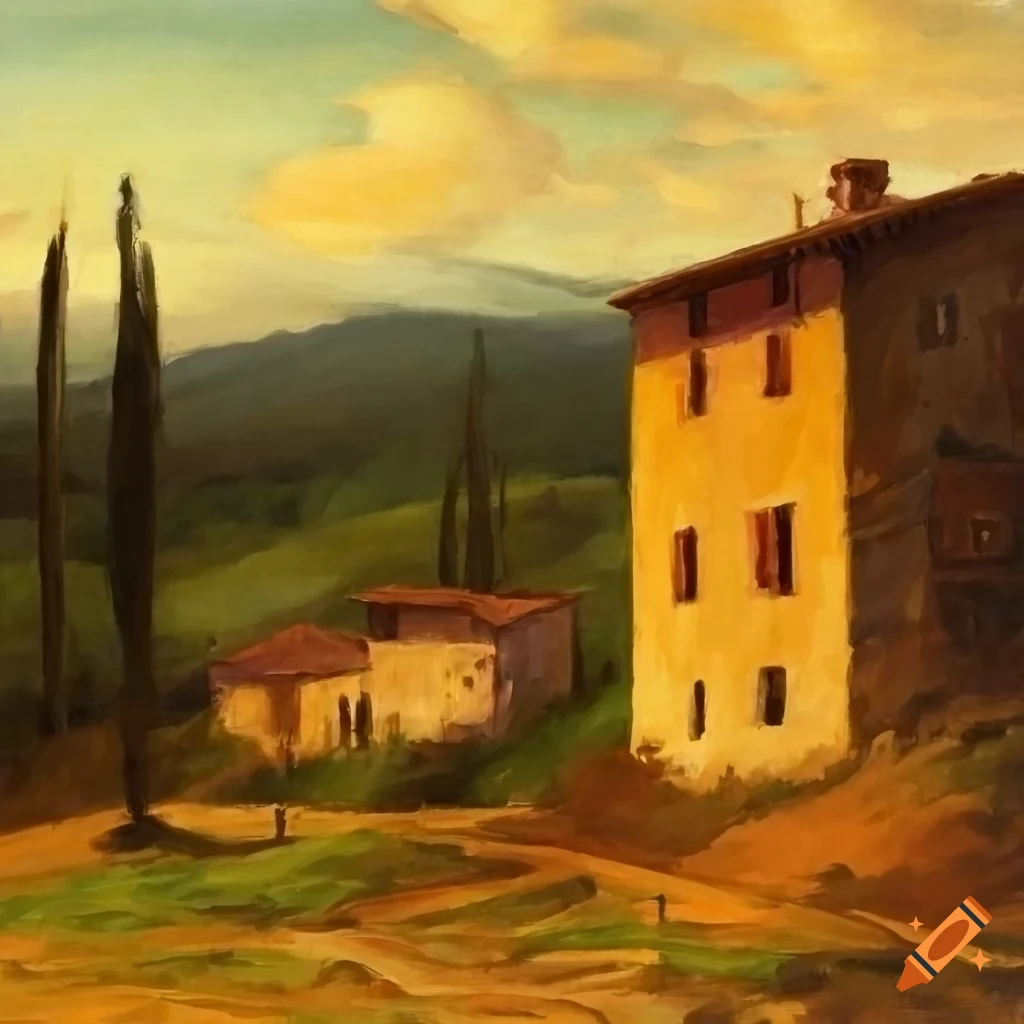 A gouche painting of a tuscany farmhouse in the evening on Craiyon