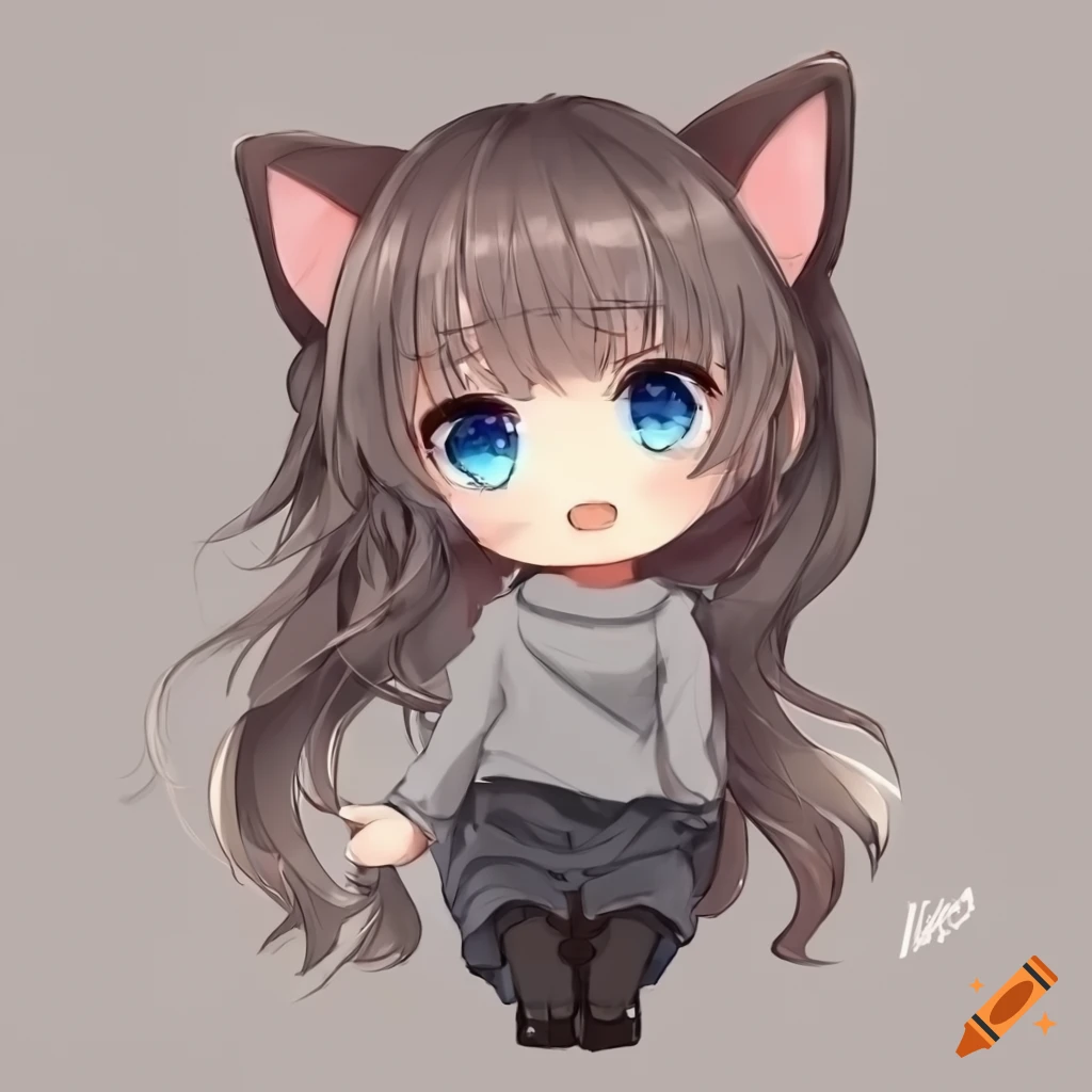 Chibi anime girl with cat ears, blue eyes, shoulder exposed, grey ...