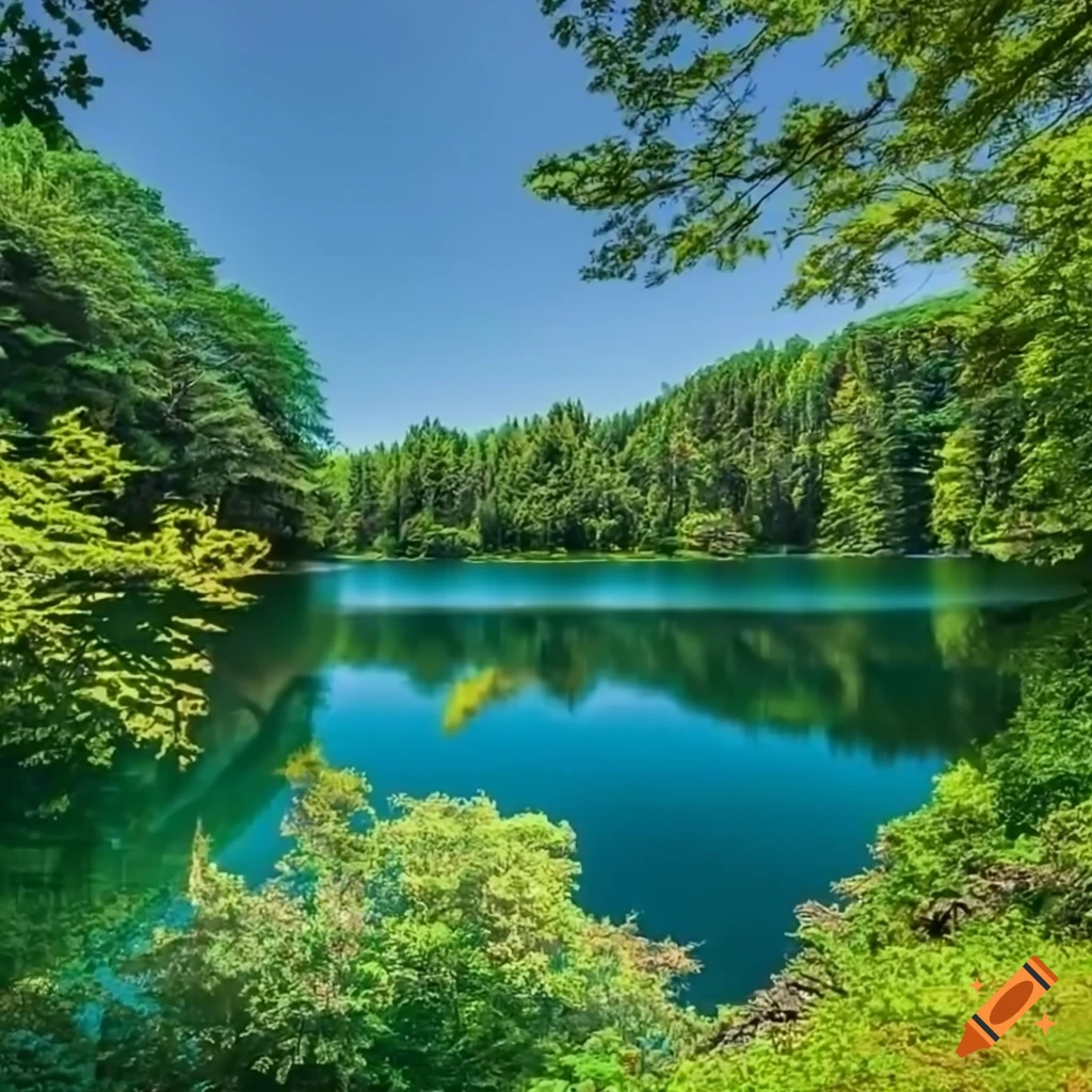 Serene lake surrounded by lush trees and vibrant vegetation
