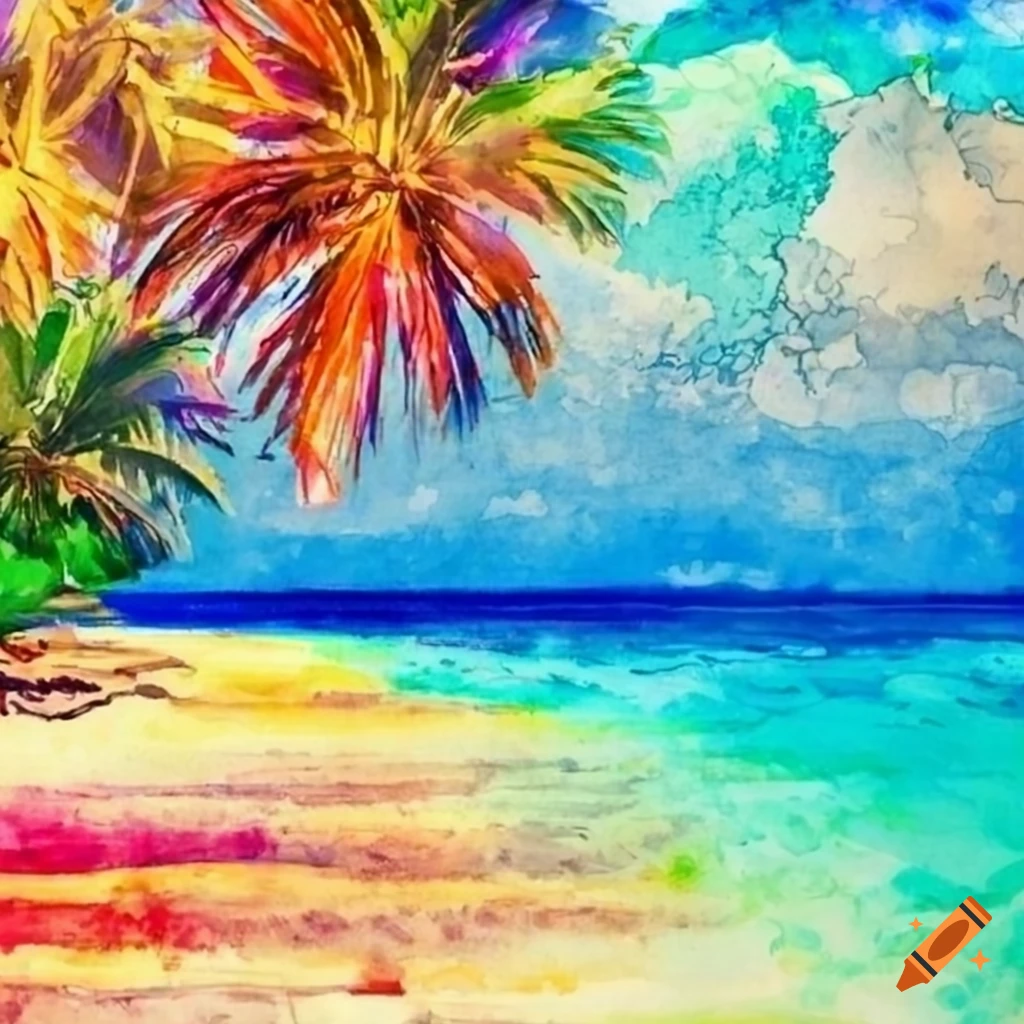 Vibrant watercolor scene of a tropical beach on Craiyon