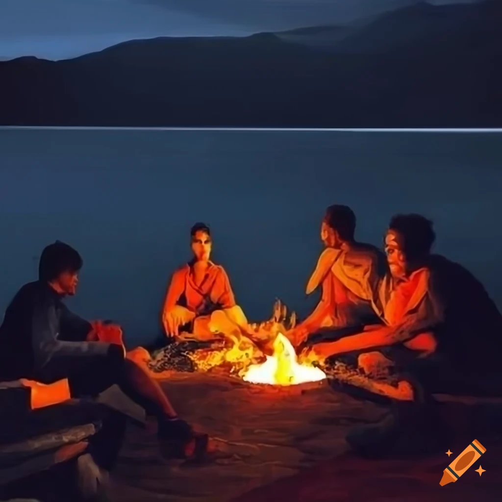 Group of diverse_men_sitting_around_a_campfire_at_night__overlooking_tomales_bay in marin, oil
