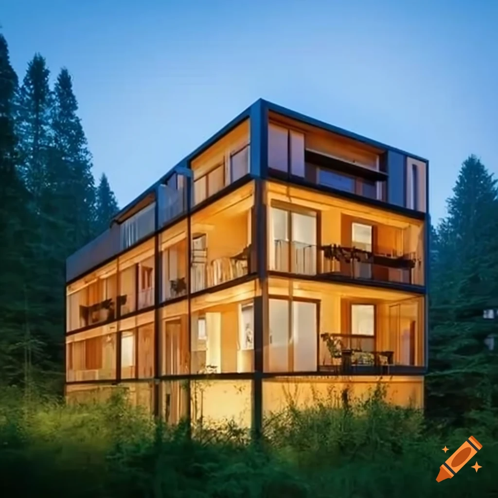 Modern timber apartments in forest on Craiyon