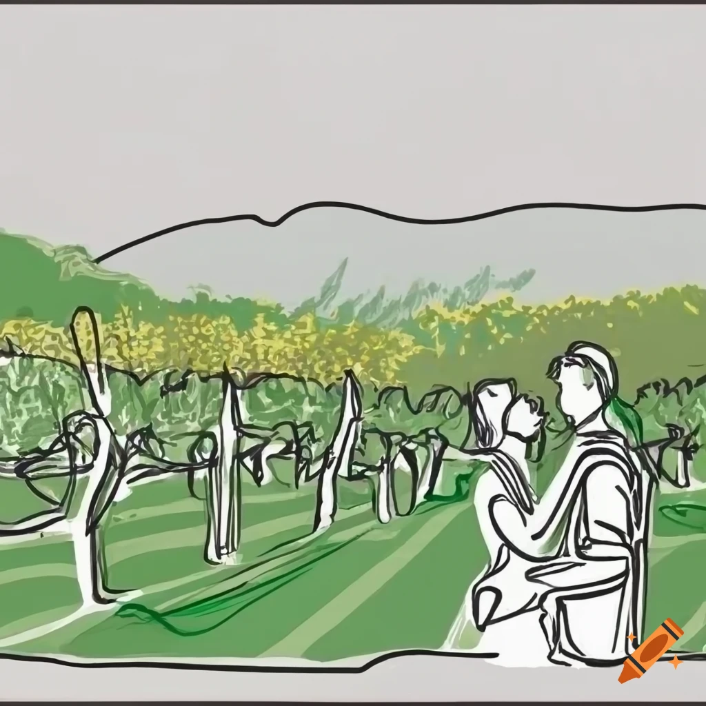 A one-line drawing romantic couple enjoying a glass of red wine in a scenic  vineyard landscape