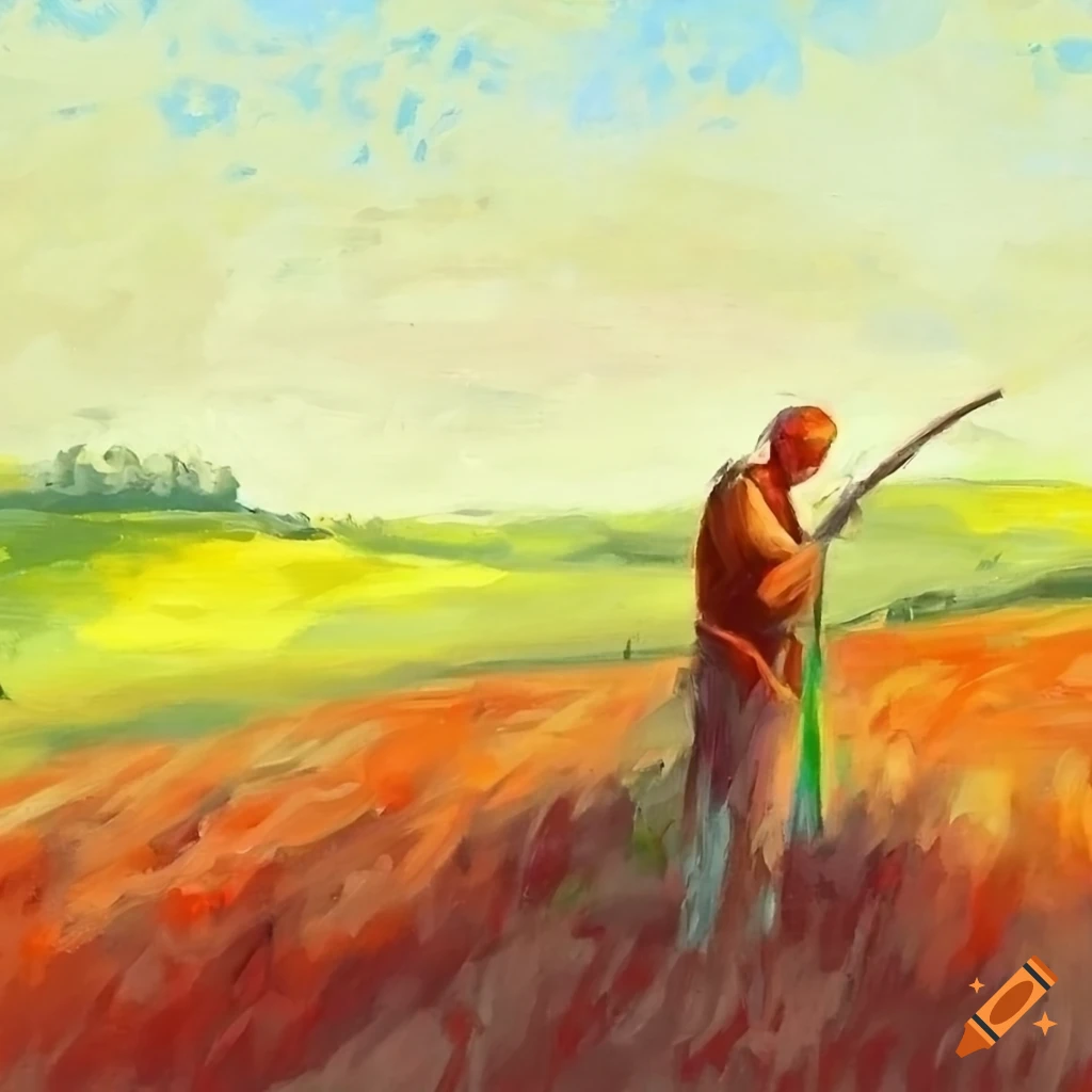 Italian field with farmer lively colors oil painting style