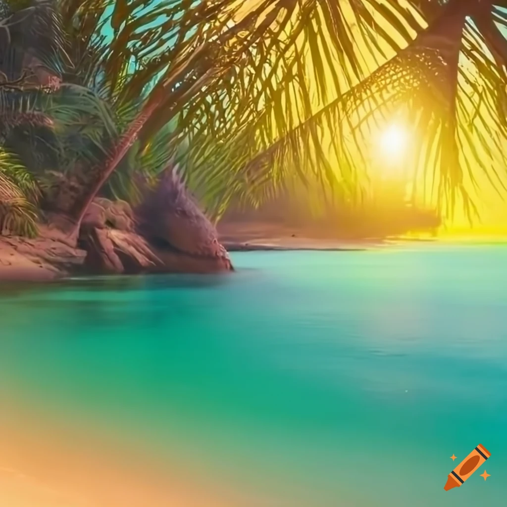Beach cove with turquoise water, palm trees, yellow sun, and clear sky