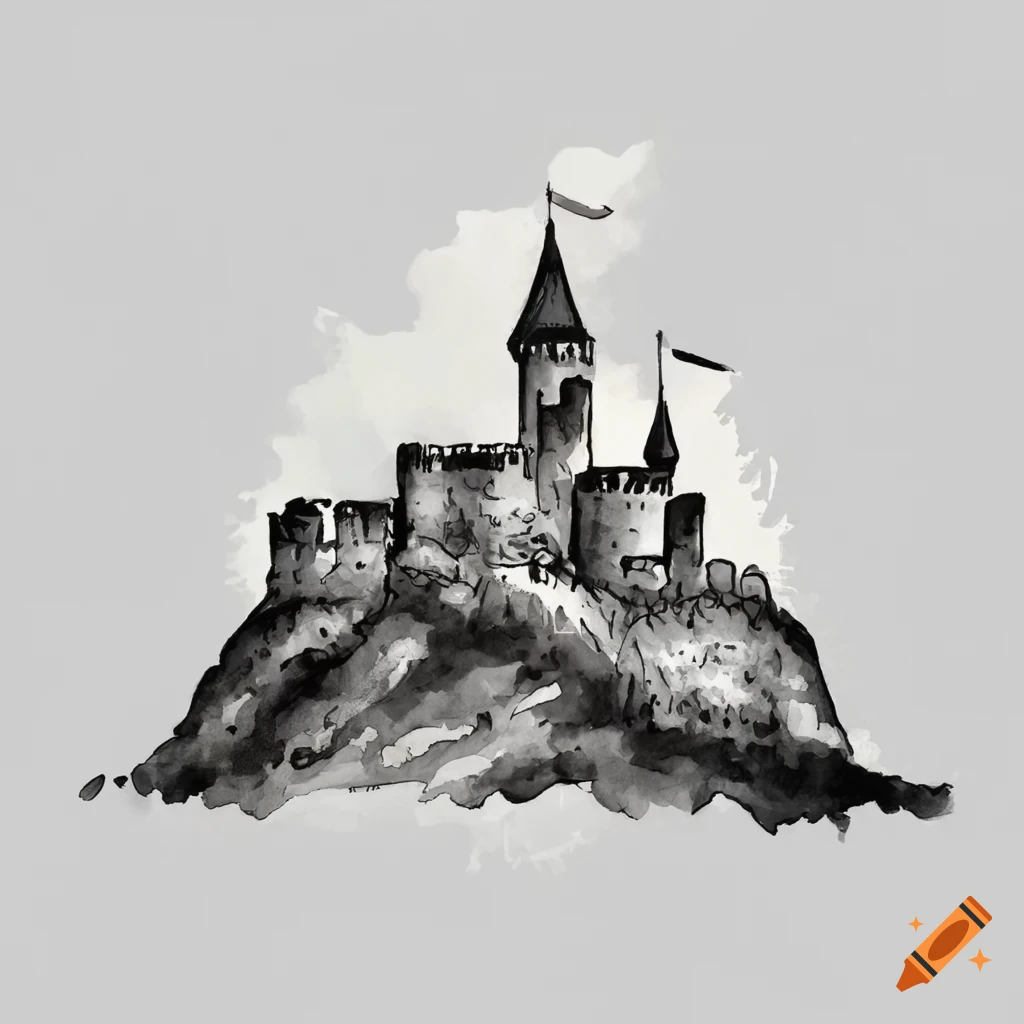Illustration of a castle on a mountain, view from above, view from