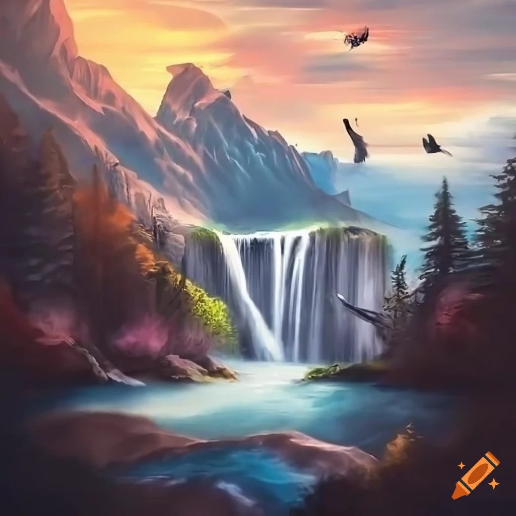 Sunset Waterfall (01), Digital Arts by China Alicia Rivera | Artmajeur