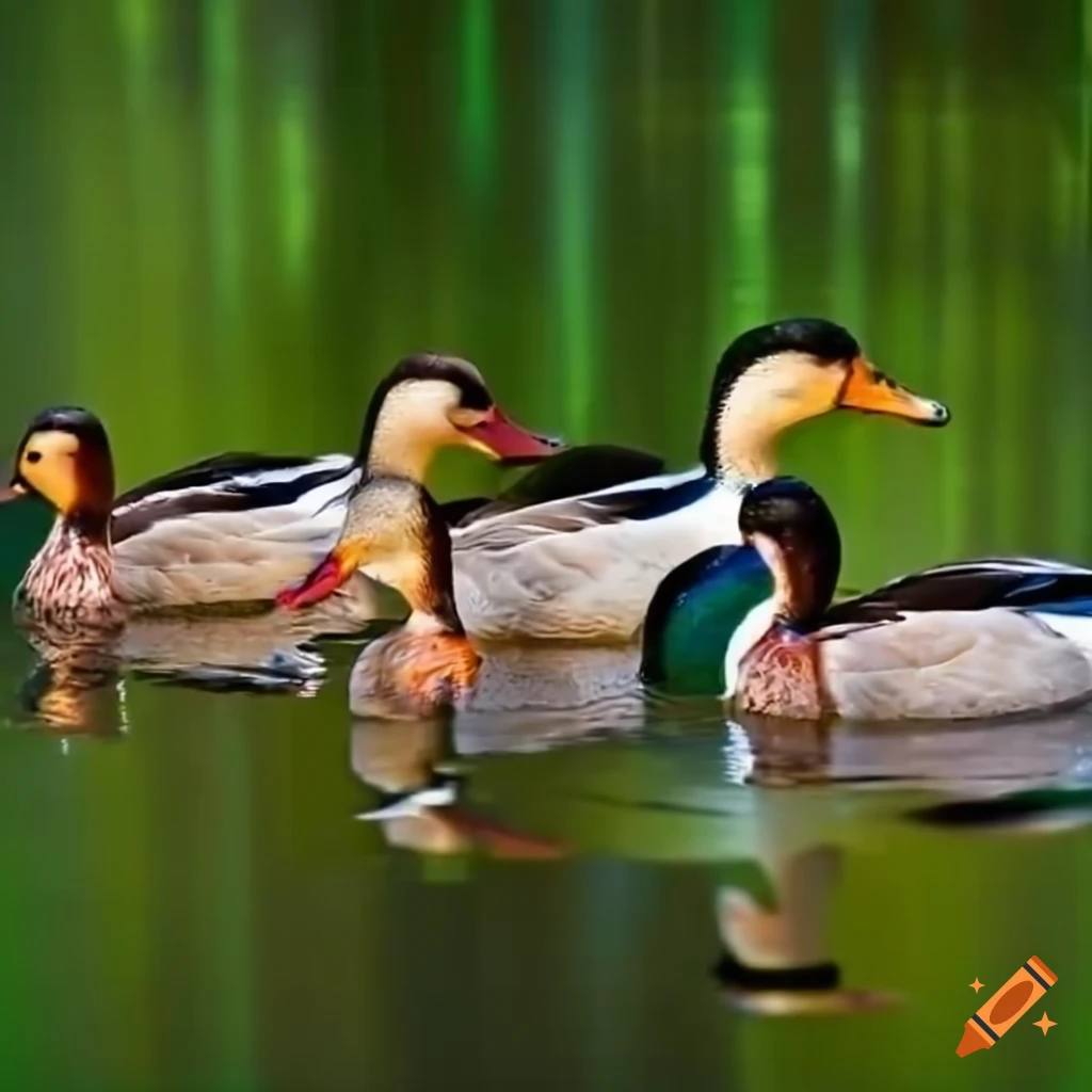 A group of ducks swimming in a pond