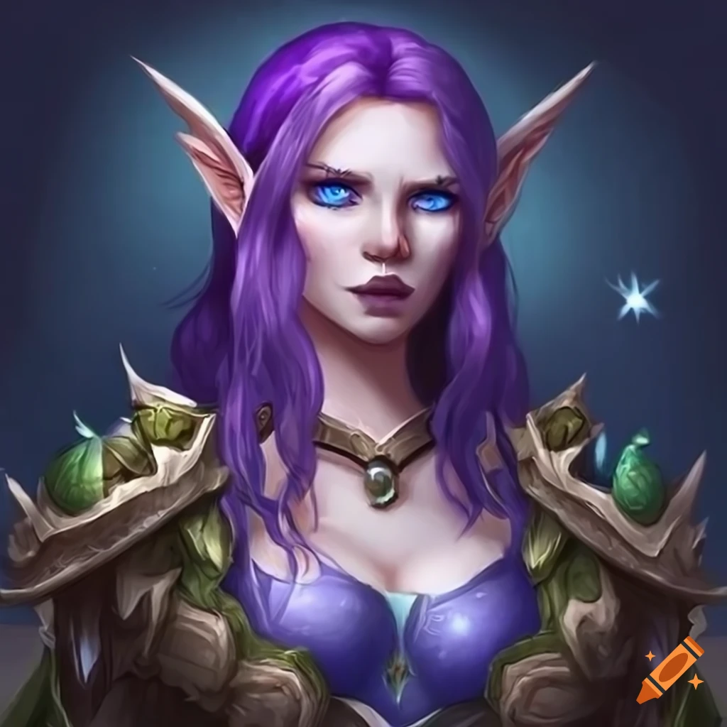 Night elf female druid in moonlight, blue eyes, purple hair