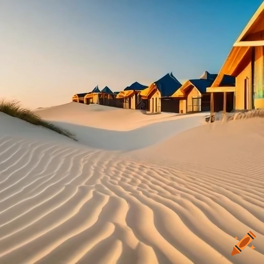 Modern beach resort on sand dunes with bungalows and pool on Craiyon