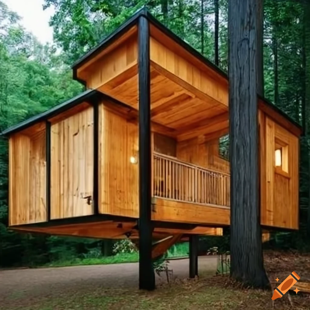 Small modern timber treehouse homes in a forest