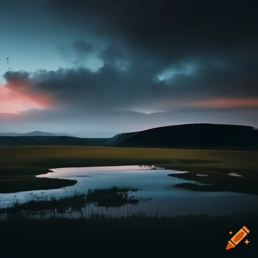 Dark natural colours landscape of fields slightly hilly terrain winding ...