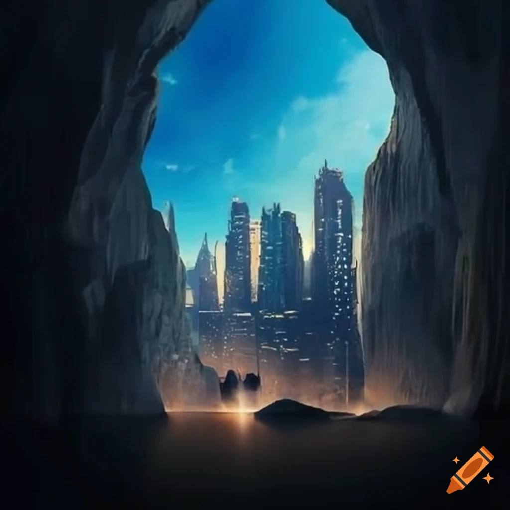 The view of a modern city from inside a cave on Craiyon