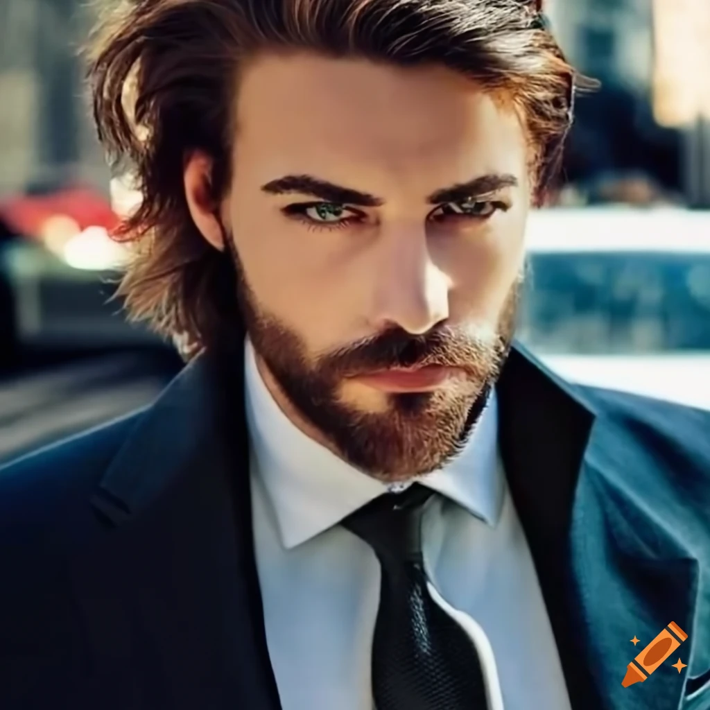 Handsome, man, beard, long hair, green eyes, nice suit, ferrari