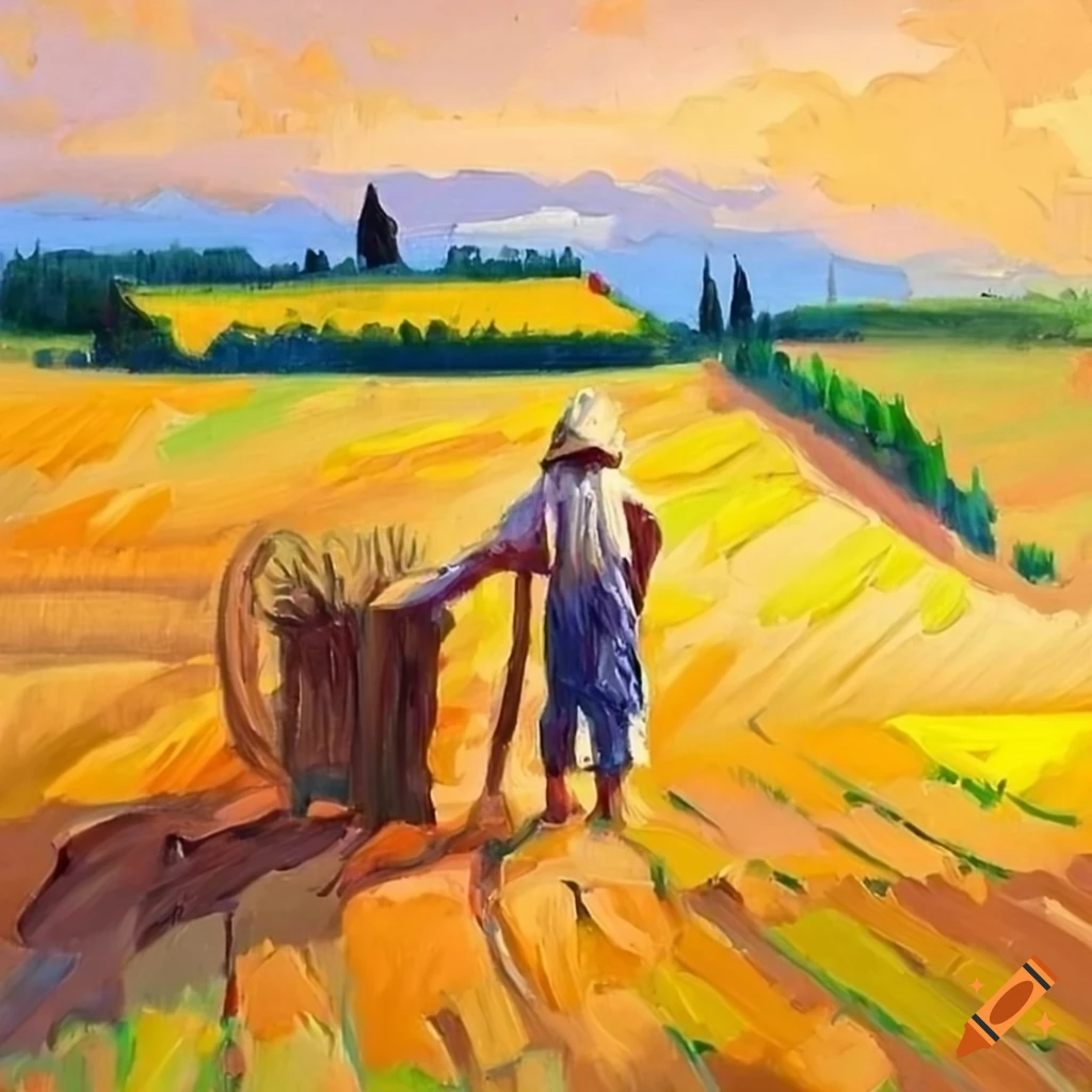 Italian field with farmer lively colors oil painting style