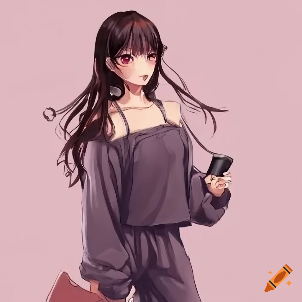 Anime brunette woman in comfy sweatpants trendy outfit on Craiyon