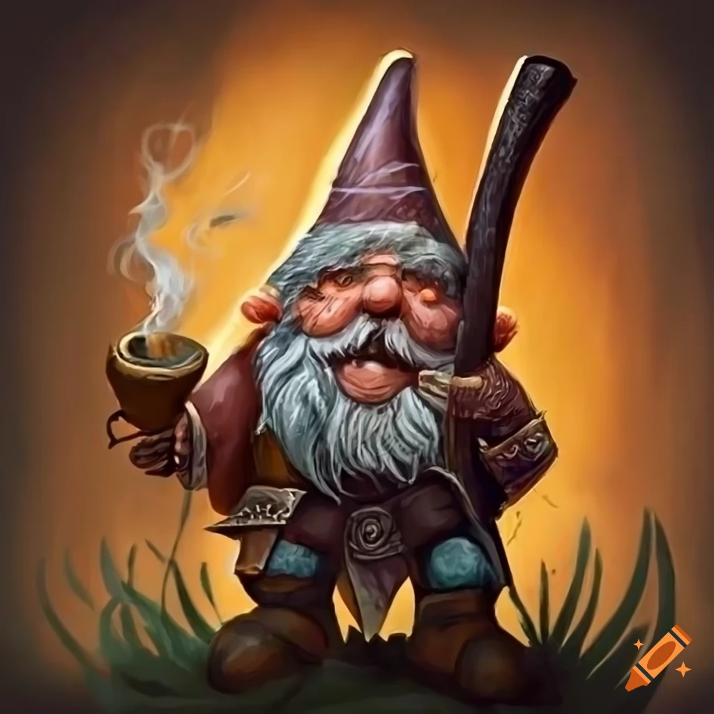 Dnd a whimsical gnome smoking from a wooden pipe