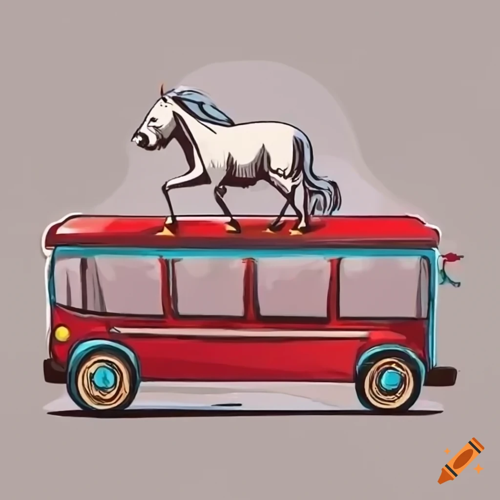 Bus Rodeo Cartoon A white cartoon horse driving a red bus, cartoon, niedersachsen on Craiyon