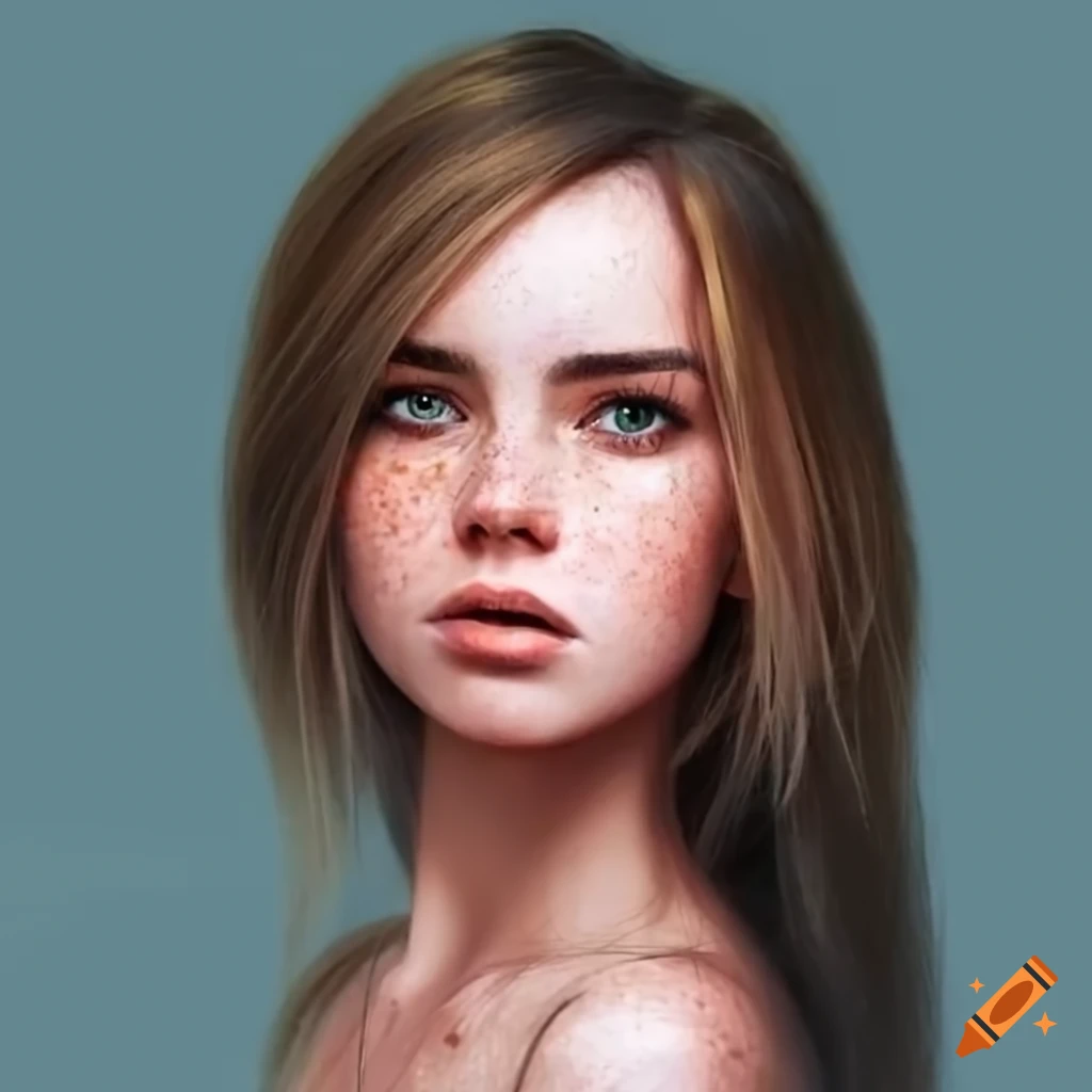 Beautiful young woman shoulderlength hair very light freckles on Craiyon