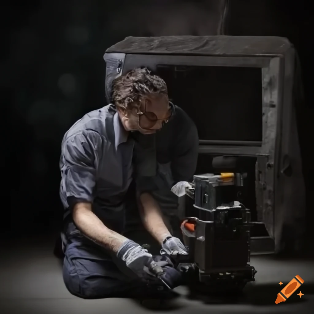 A worker maintaining an air compressor in the field