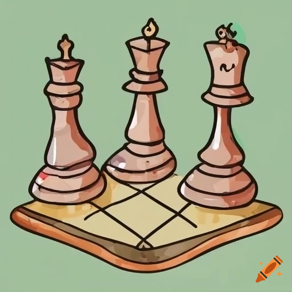 Cute cartoon drawing chess board with figures in flat style