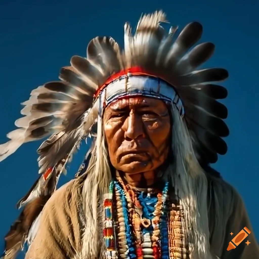 The face of a real lakota chief, from the front, with his indian chief ...