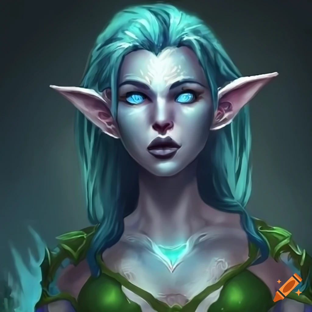 Female night elf druid - glowing hair - upper body, blue eyes, moonlight