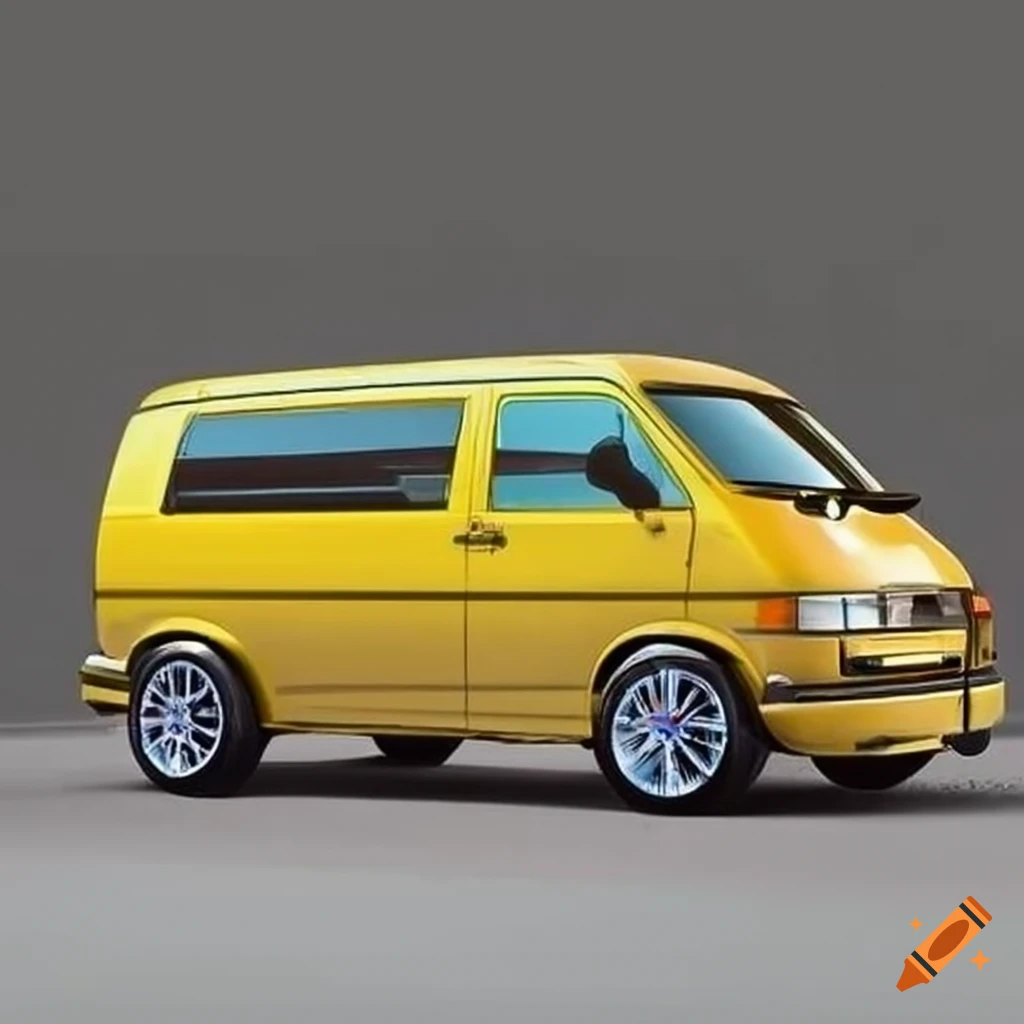 Yellow volkswagen t4 with wheels and eyes drawn on, cars style on Craiyon