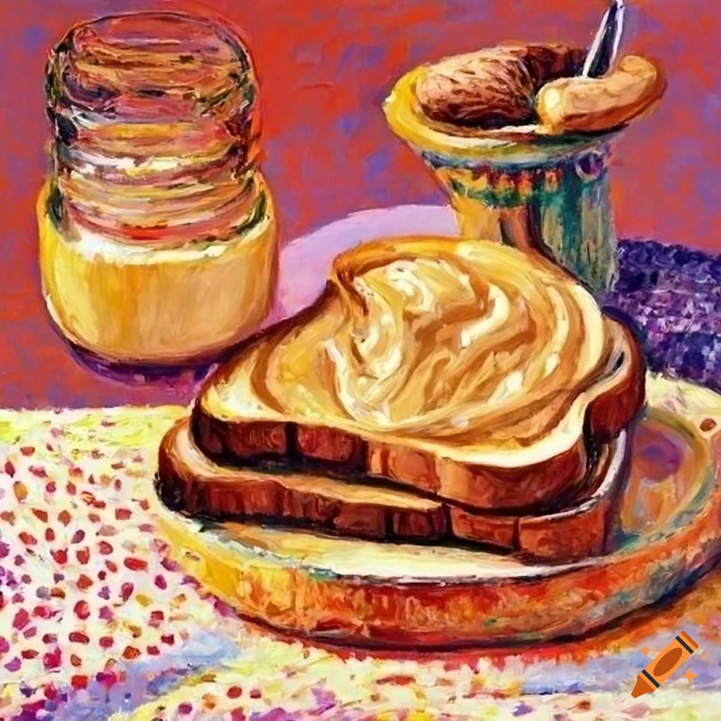 Peanut butter and jam on toast in the style of pissarro's pointilist