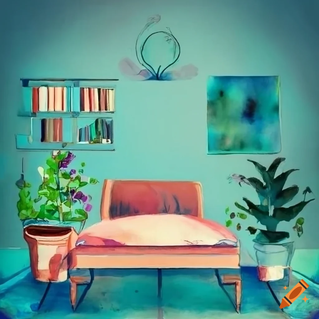 Generate a room which have plants in background aesthetic furniture and  sunlight pointing on them and some pictures on wall on Craiyon