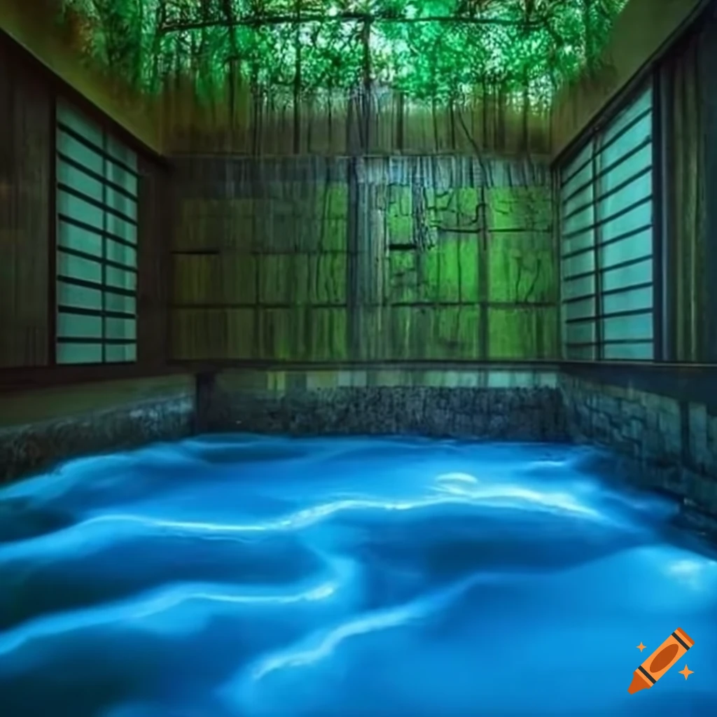 An ancient japanese castle tatami room with a beautiful bioluminescent japanese onsen bath with