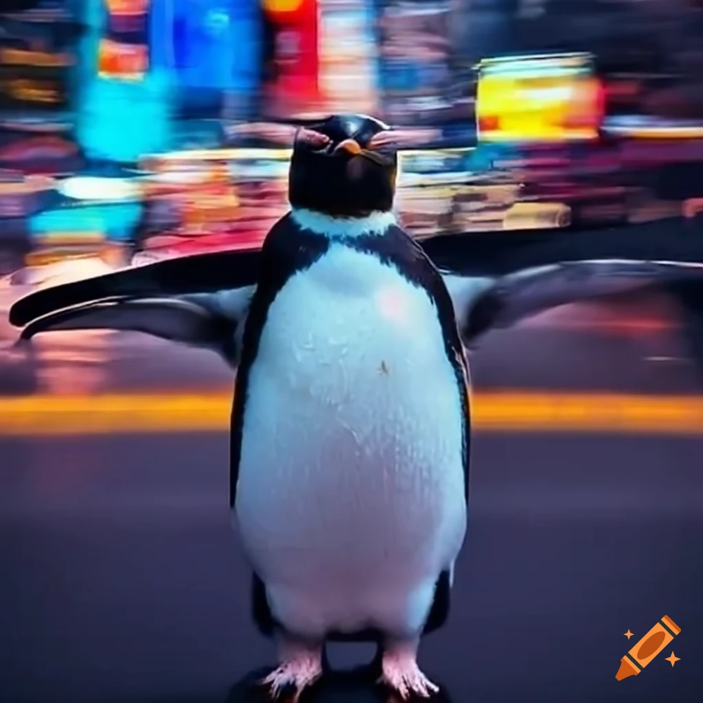 Penguin hailing a taxi in times square on Craiyon