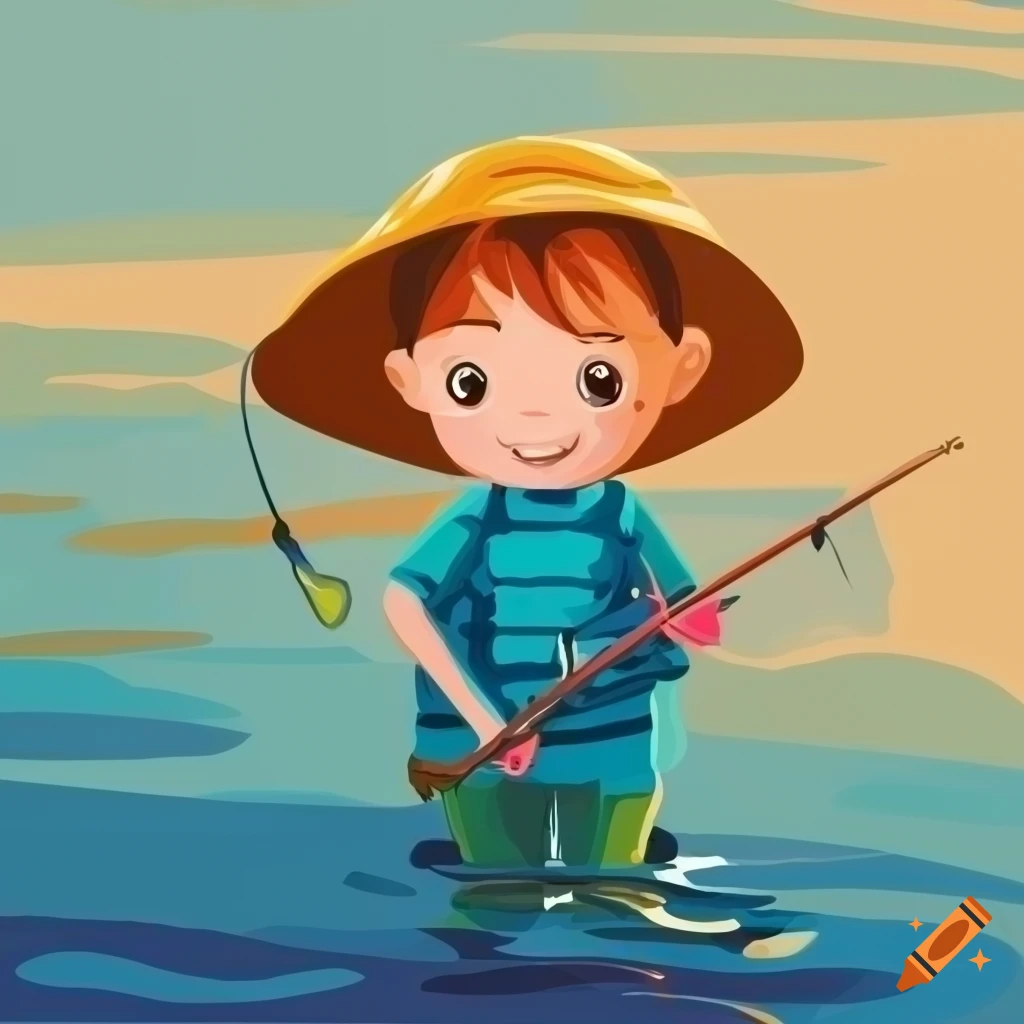 Cute drawing nice fisherman boy with fish in flat style vector on