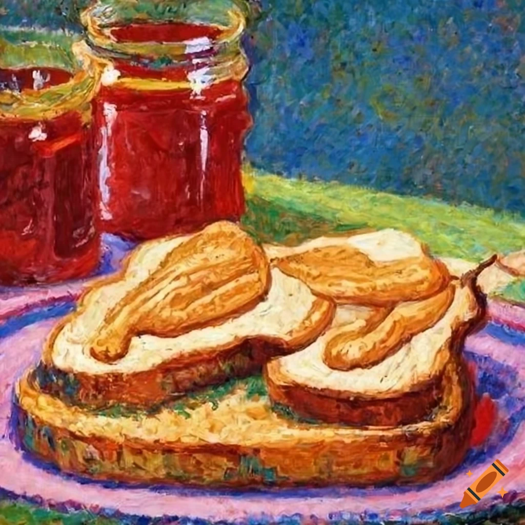 Peanut butter and jam on toast in the style of pissarro's pointilist