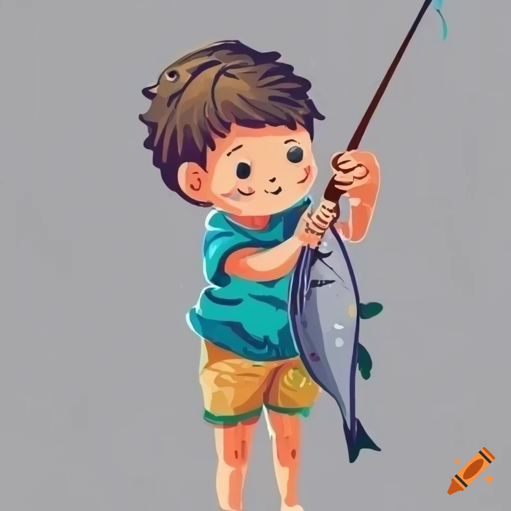 Cute drawing nice boy with fishing rod caught a fish in flat style vector  white background on Craiyon