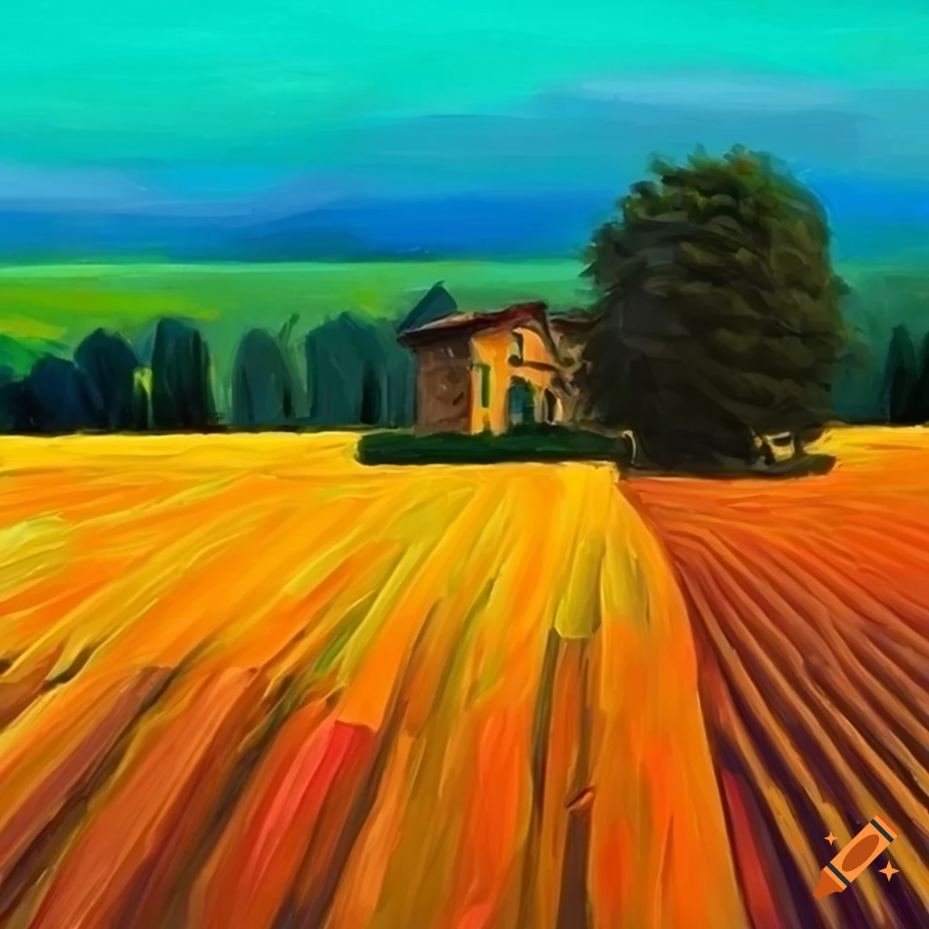 Italian field with farmer lively colors oil painting style, blue sky
