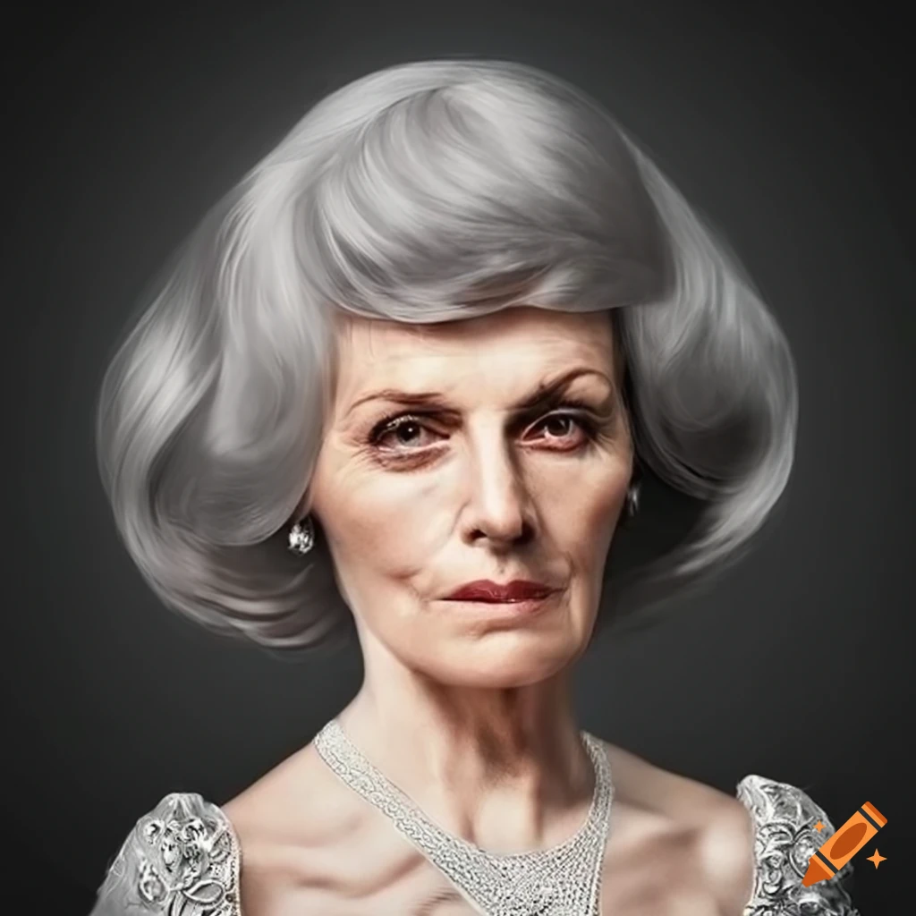Depict a woman in her 60s, her silver hair tied back elegantly ...