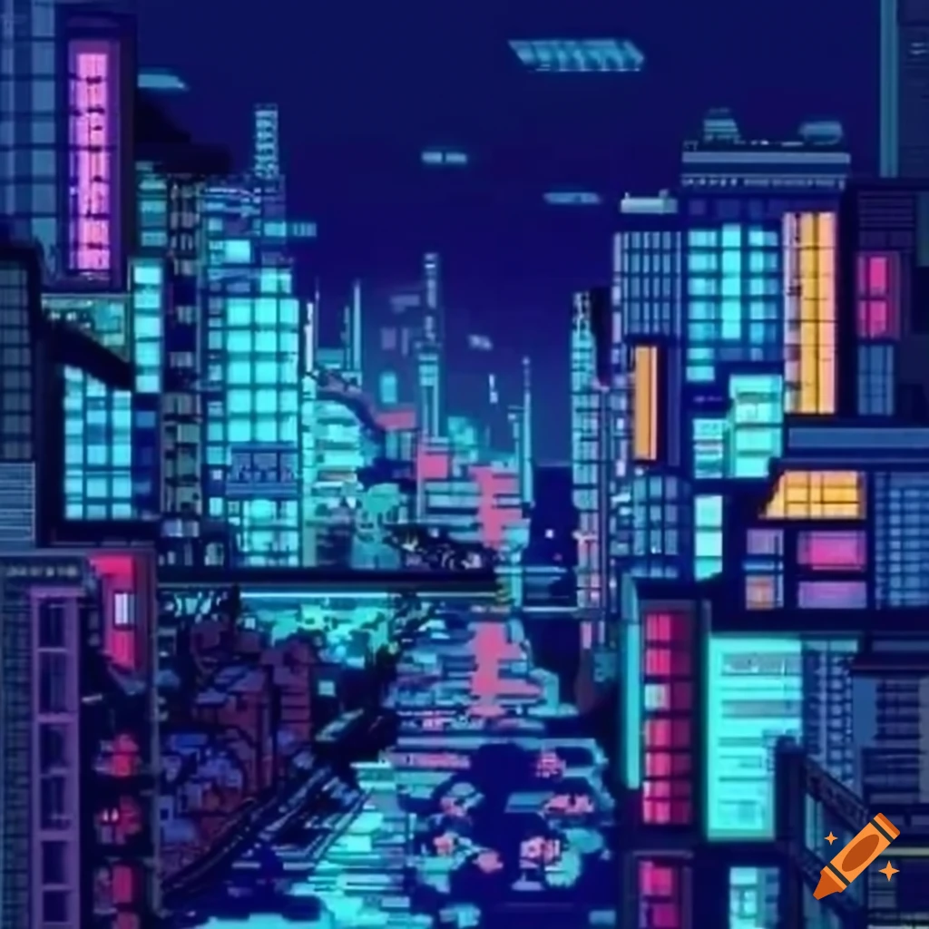 Night city in japan. game – pixel art style like in old games of the ...