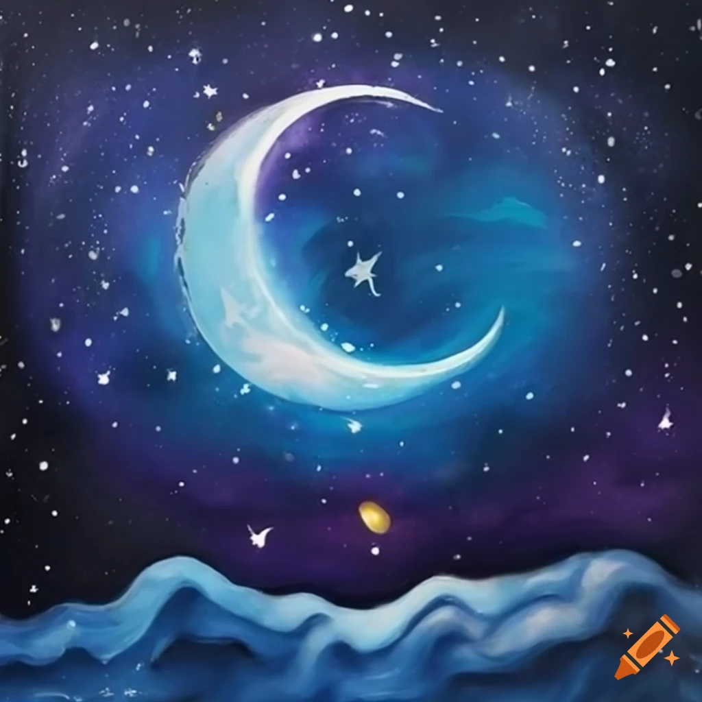 Magical night sky painting with a crescent moon and shooting star