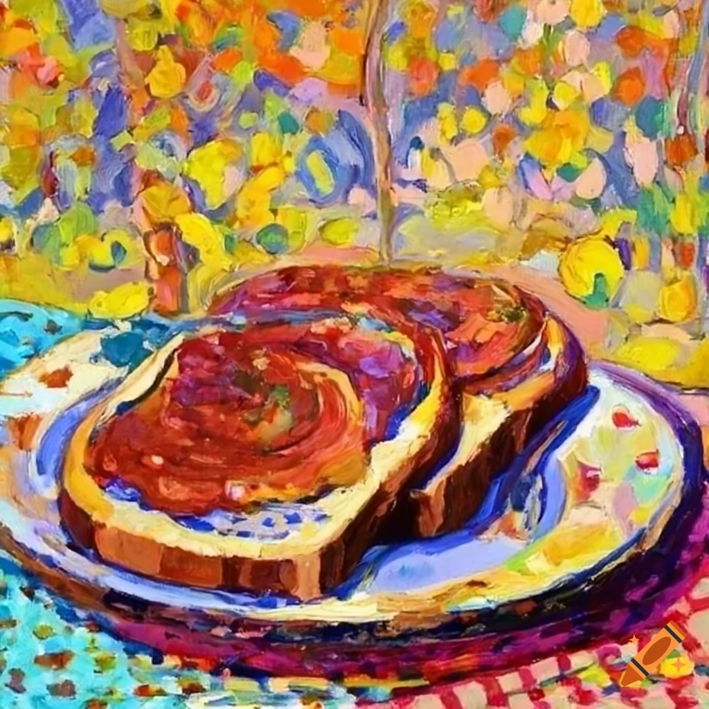 Painting of peanut butter and jam on toast in pissarro's pointillist style