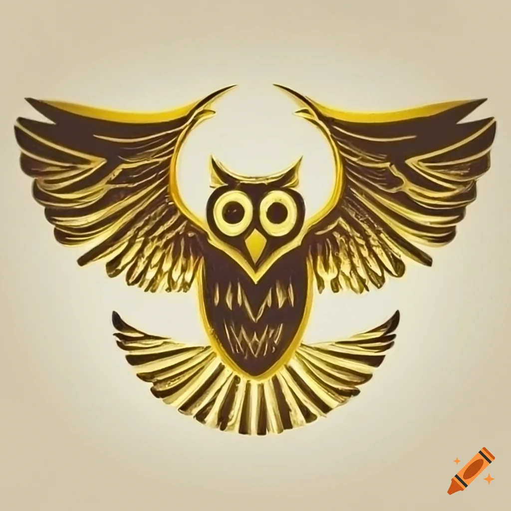 A sharp owl logo in gold, wings spread conveying wisdom on Craiyon