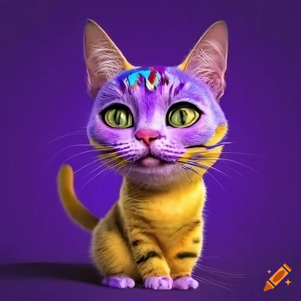 Purple and yellow cat smiling