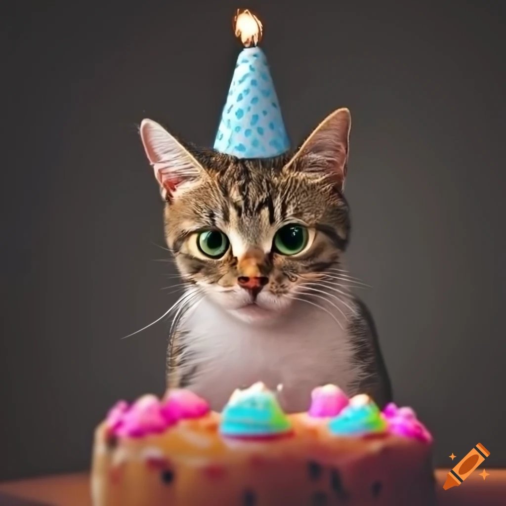 Happy cat with birthdaycake, photorealistic