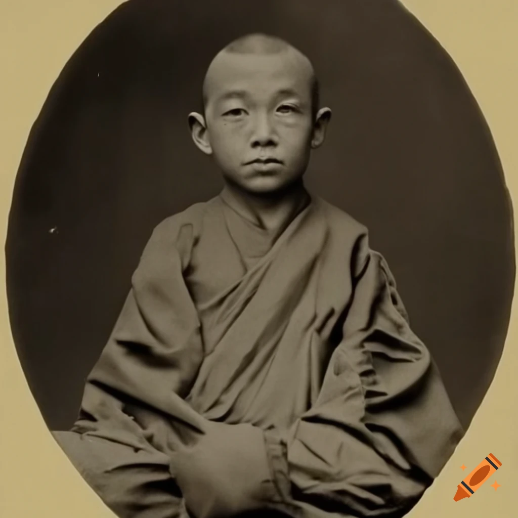 photo of aang from avatar, tibetan robes, 1850s Calotype, black and white