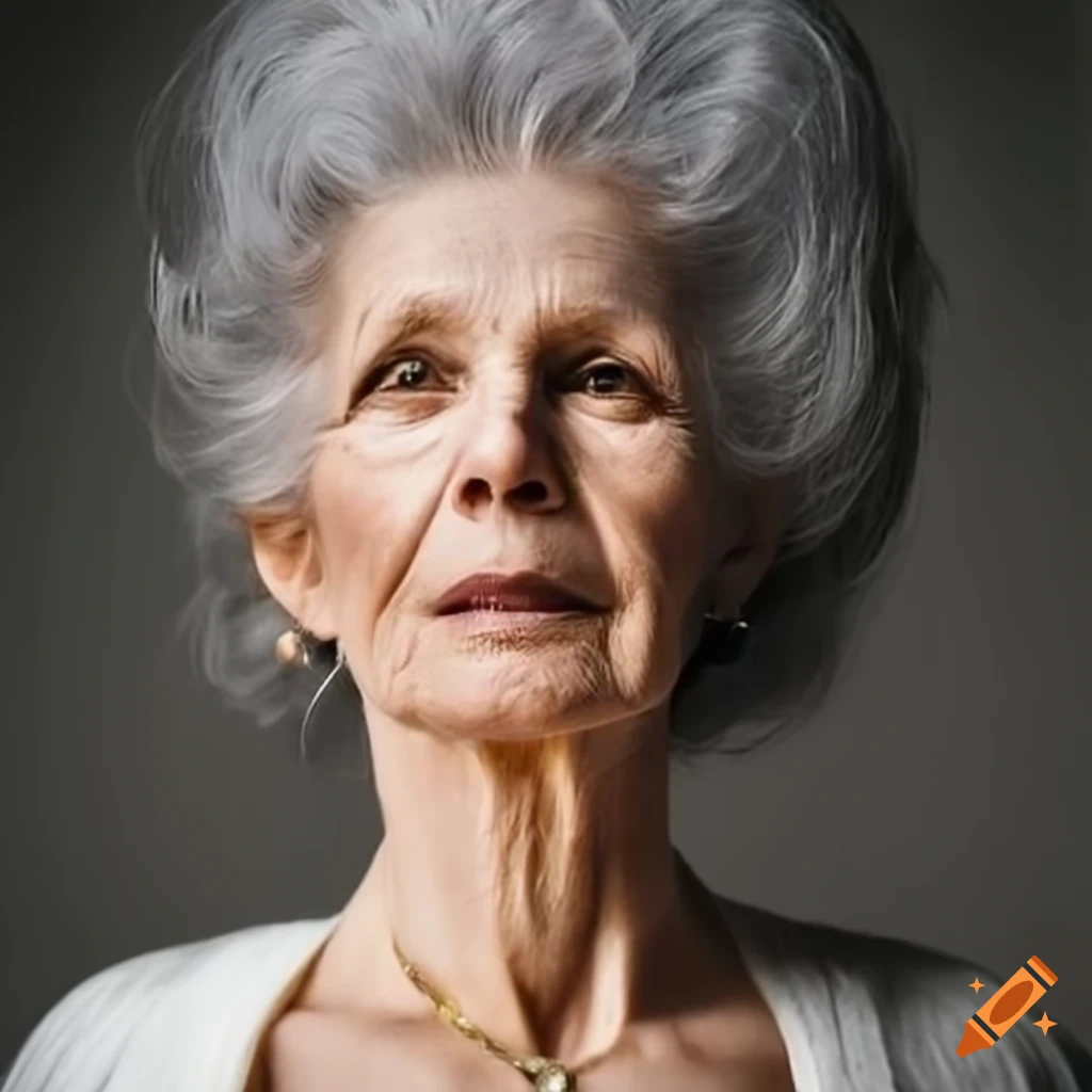 Depict a woman in her 60s, her silver hair tied back elegantly ...