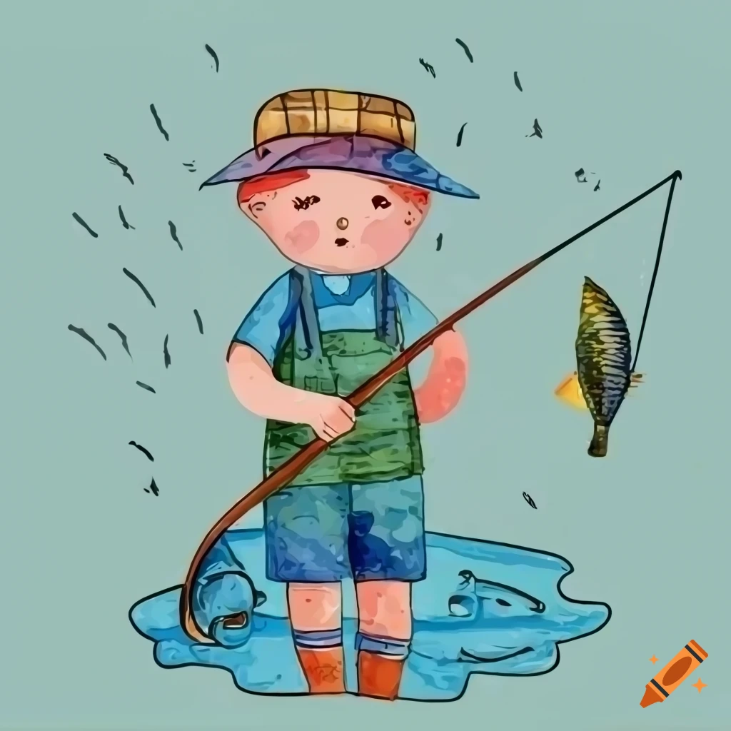 Cute drawing nice fisherman boy with fish in flat style vector on