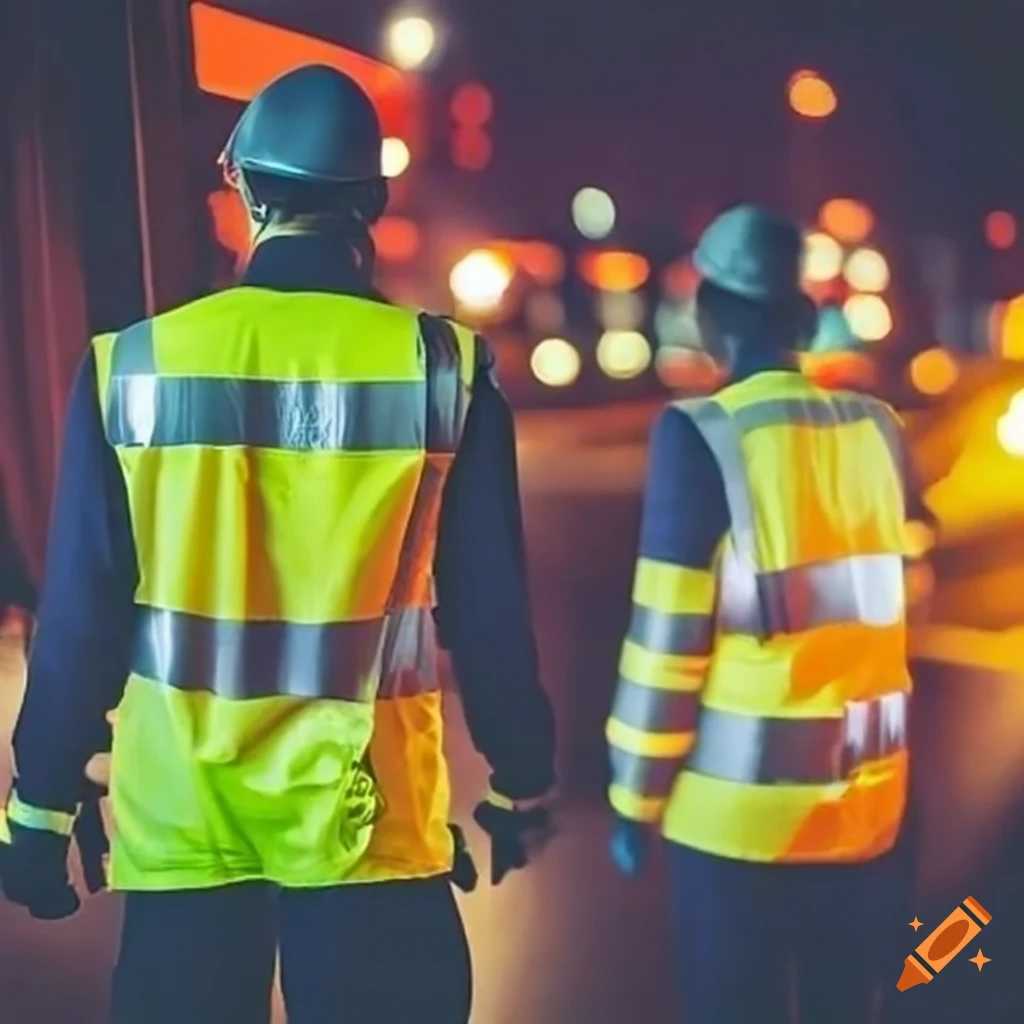 Workers with hivis clothing, near roadworks, at night